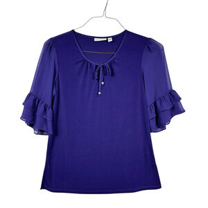 Susan Graver Liquid Knit Purple Keyhole Double Ruffle Sleeve Blouse Small Purple